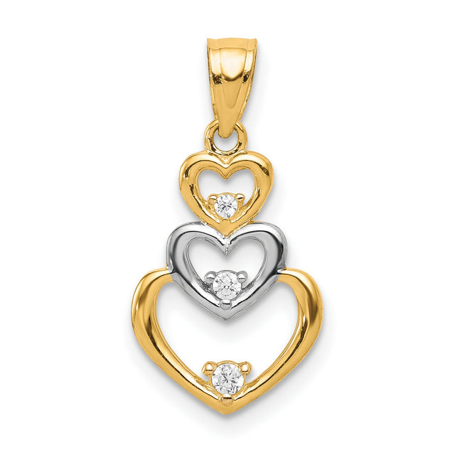 10k Multi-Tone Gold Triple Heart Pendant with Cubic Zirconia, Two-Tone Nested Heart Design