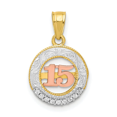 10k Two-Tone Gold Quinceañera Pendant with Cubic Zirconia and Rose Gold 15 Design