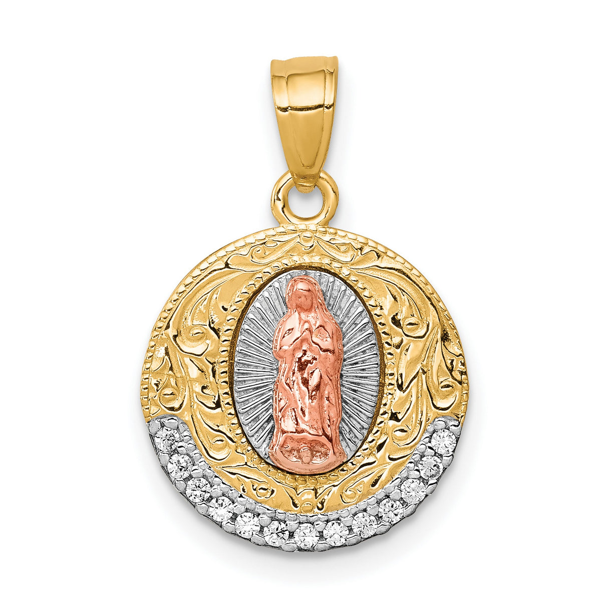 Our Lady of Guadalupe with CZ Bottom Charm Pendant in Real 10k Multi-Tone Gold