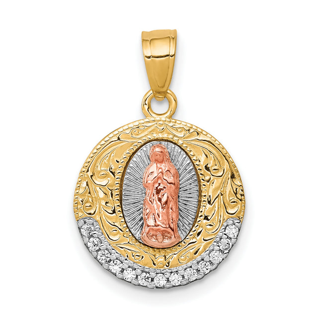 Our Lady of Guadalupe with CZ Bottom Charm Pendant in Real 10k Multi-Tone Gold