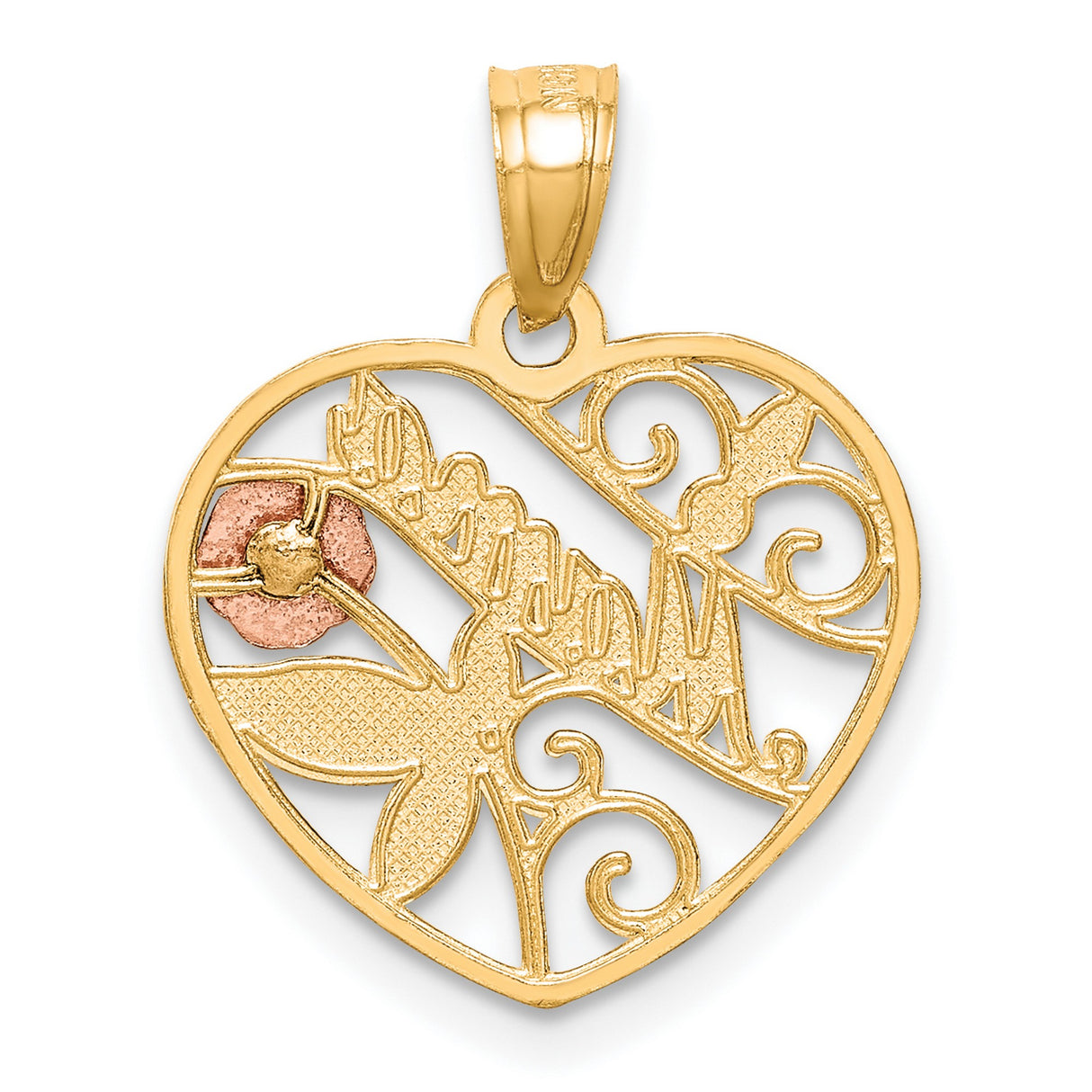 10k Two-Tone Gold Heart Pendant with Mama Script, Rose Flower and Leaf Design
