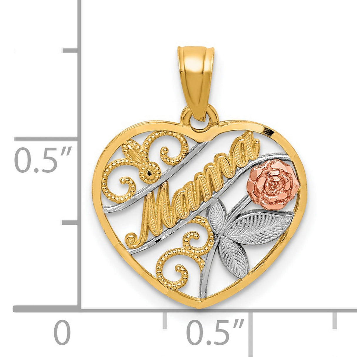 10k Two-Tone Gold Heart Pendant with Mama Script, Rose Flower and Leaf Design