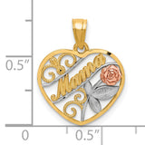 10k Two-Tone Gold Heart Pendant with Mama Script, Rose Flower and Leaf Design