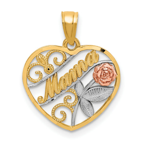 10k Two-Tone Gold Heart Pendant with Mama Script, Rose Flower and Leaf Design