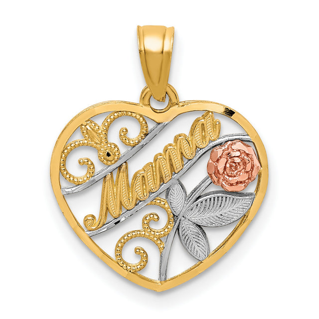 10k Two-Tone Gold Heart Pendant with Mama Script, Rose Flower and Leaf Design