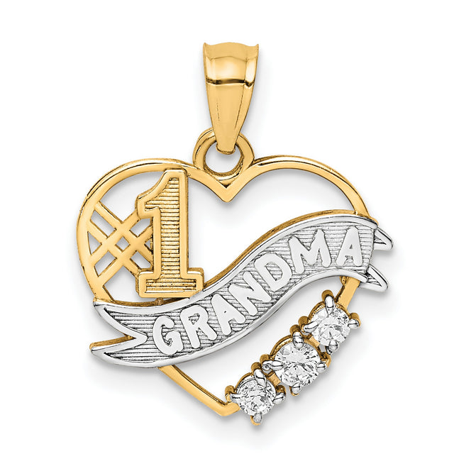 10k Yellow Gold and Rhodium Plated Heart Pendant with Cubic Zirconia, #1 Grandma Design