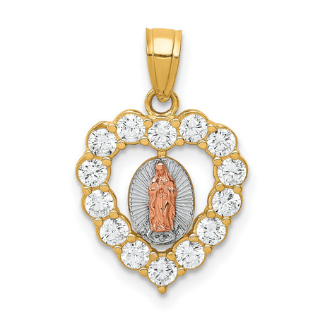 Our Lady of Guadalupe Heart with CZ Border Charm Pendant in Real 10k Multi-Tone Gold