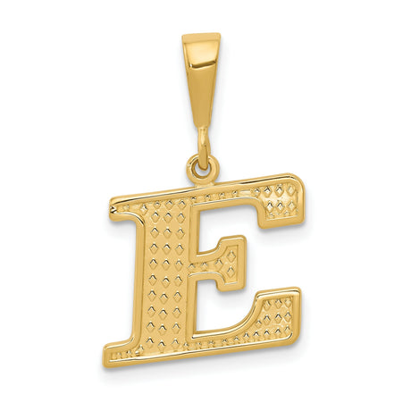10k Yellow Gold Letter E Pendant, Diamond-Cut Textured Monogram Charm for Women or Unisex Wear
