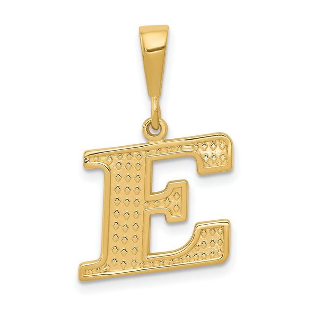 10k Yellow Gold Letter E Pendant, Diamond-Cut Textured Monogram Charm for Women or Unisex Wear