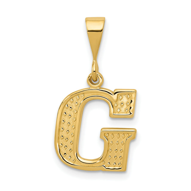 10k Yellow Gold Letter G Pendant, Diamond-Cut Textured Alphabet Charm for Women or Unisex Wear