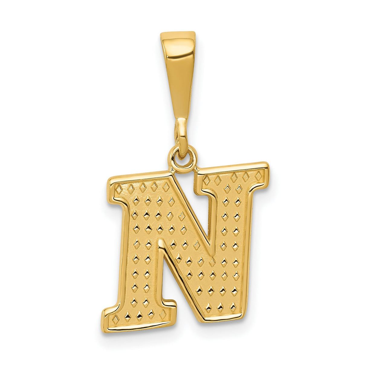 10k Yellow Gold Letter N Pendant, Diamond Cut Textured Design, Polished Bail, Lightweight Charm