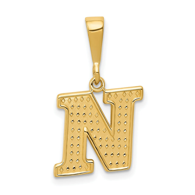 10k Yellow Gold Letter N Pendant, Diamond Cut Textured Design, Polished Bail, Lightweight Charm