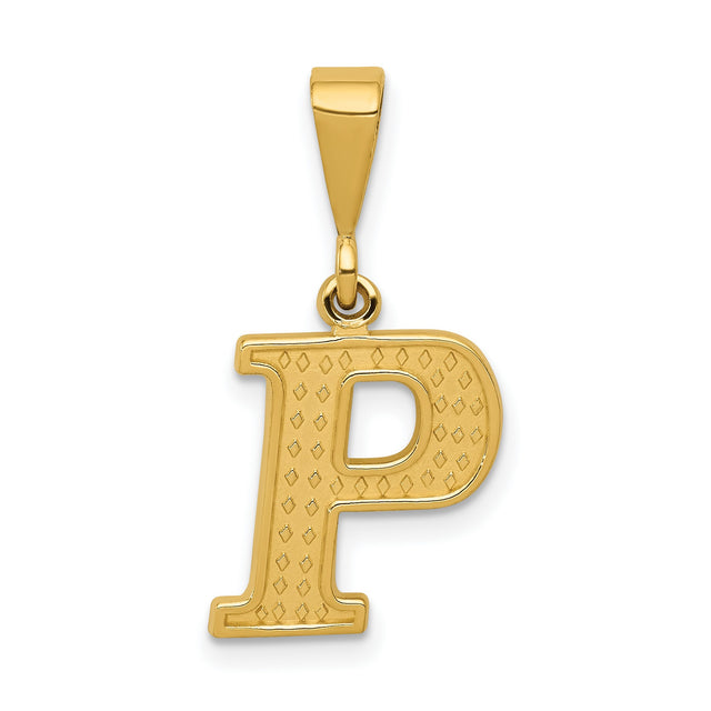 10k Yellow Gold Letter P Pendant with Textured Diamond Cut Design, Initial Charm for Women or Unisex