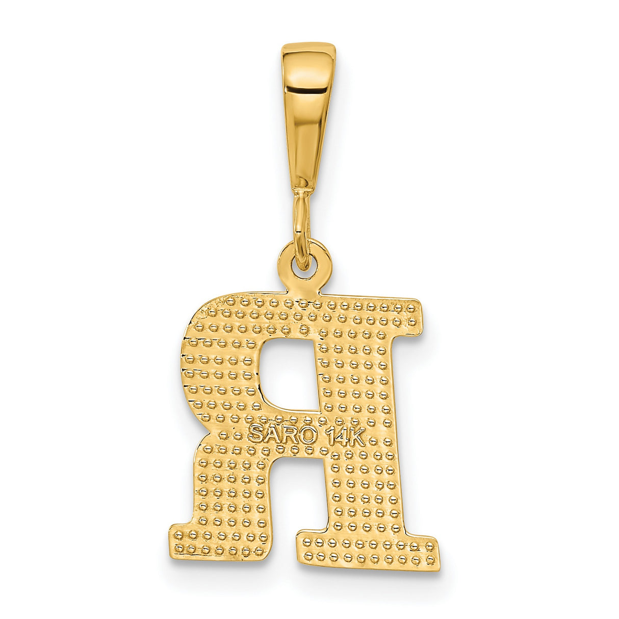 10k Yellow Gold Letter R Pendant, Diamond Cut Texture, Polished Block Font Initial Charm