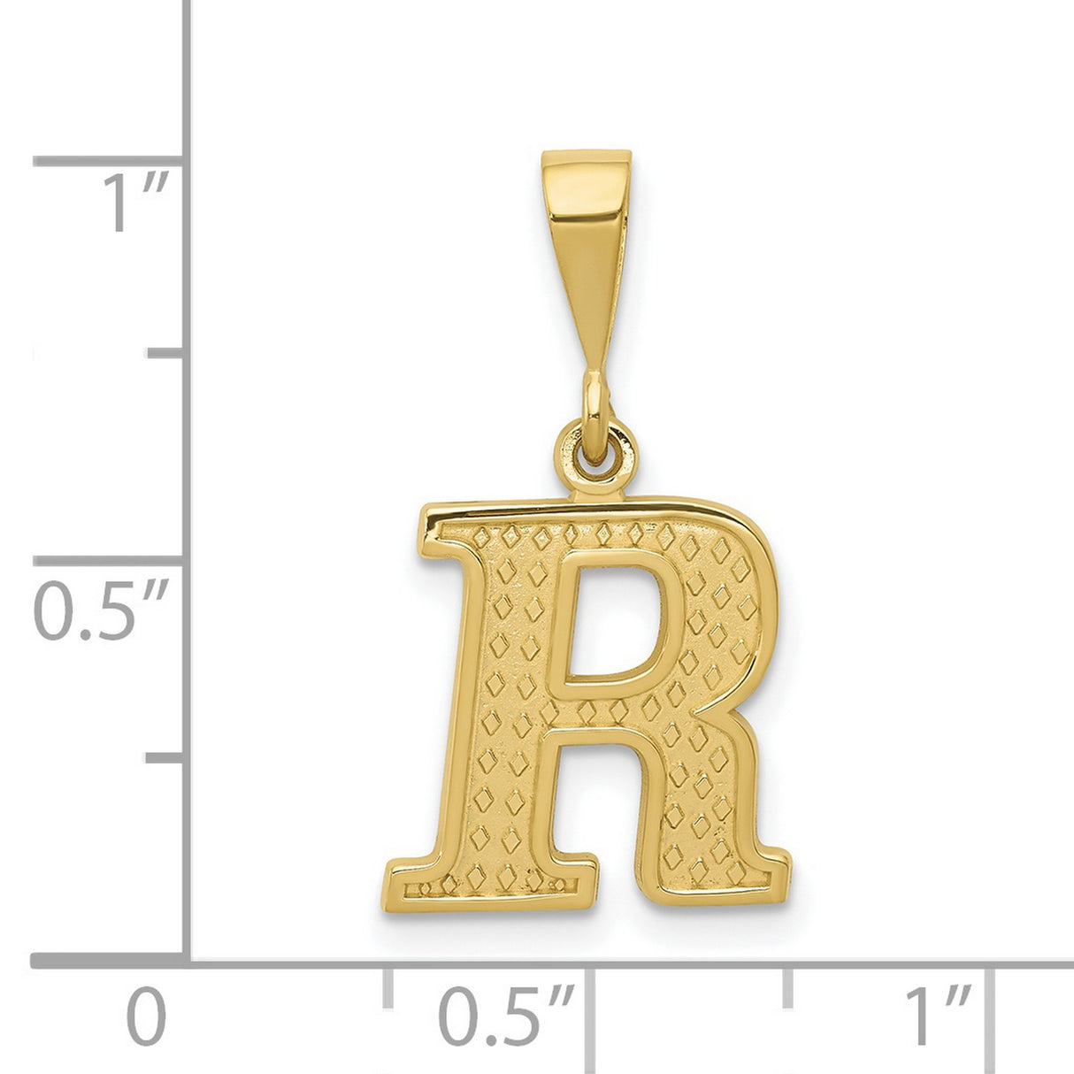 10k Yellow Gold Letter R Pendant, Diamond Cut Texture, Polished Block Font Initial Charm
