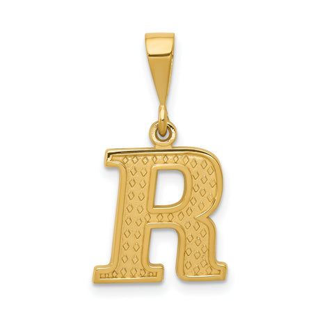 10k Yellow Gold Letter R Pendant, Diamond Cut Texture, Polished Block Font Initial Charm