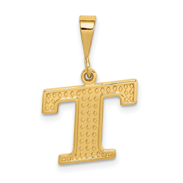 10k Yellow Gold Letter T Pendant, Diamond Cut Textured Initial Charm for Women or Unisex