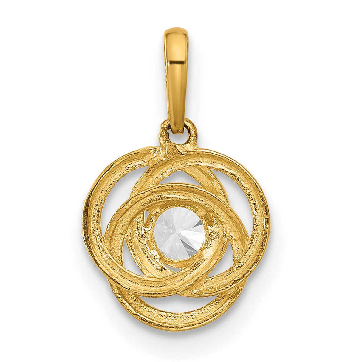 10k Yellow Gold Pendant with Round Cut White Gemstone, Interlocking Circles, Love Knot Design