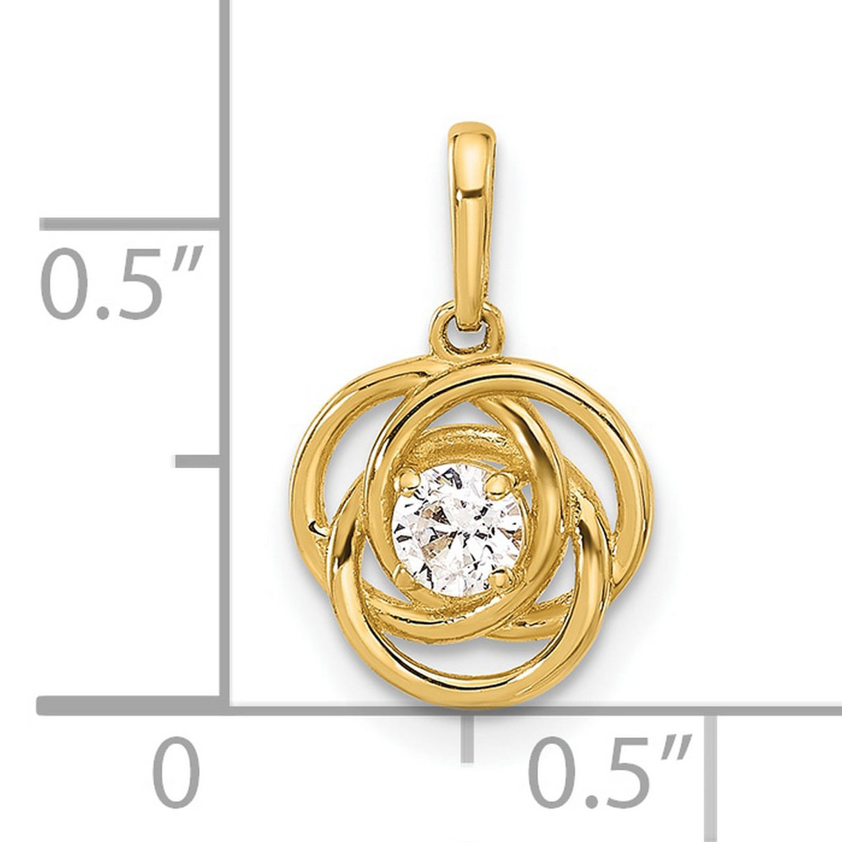 10k Yellow Gold Pendant with Round Cut White Gemstone, Interlocking Circles, Love Knot Design