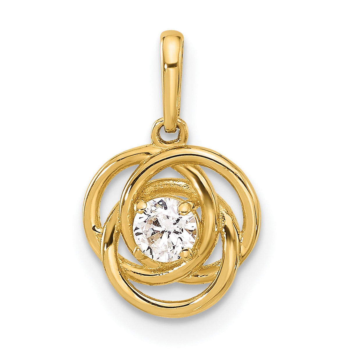 10k Yellow Gold Pendant with Round Cut White Gemstone, Interlocking Circles, Love Knot Design