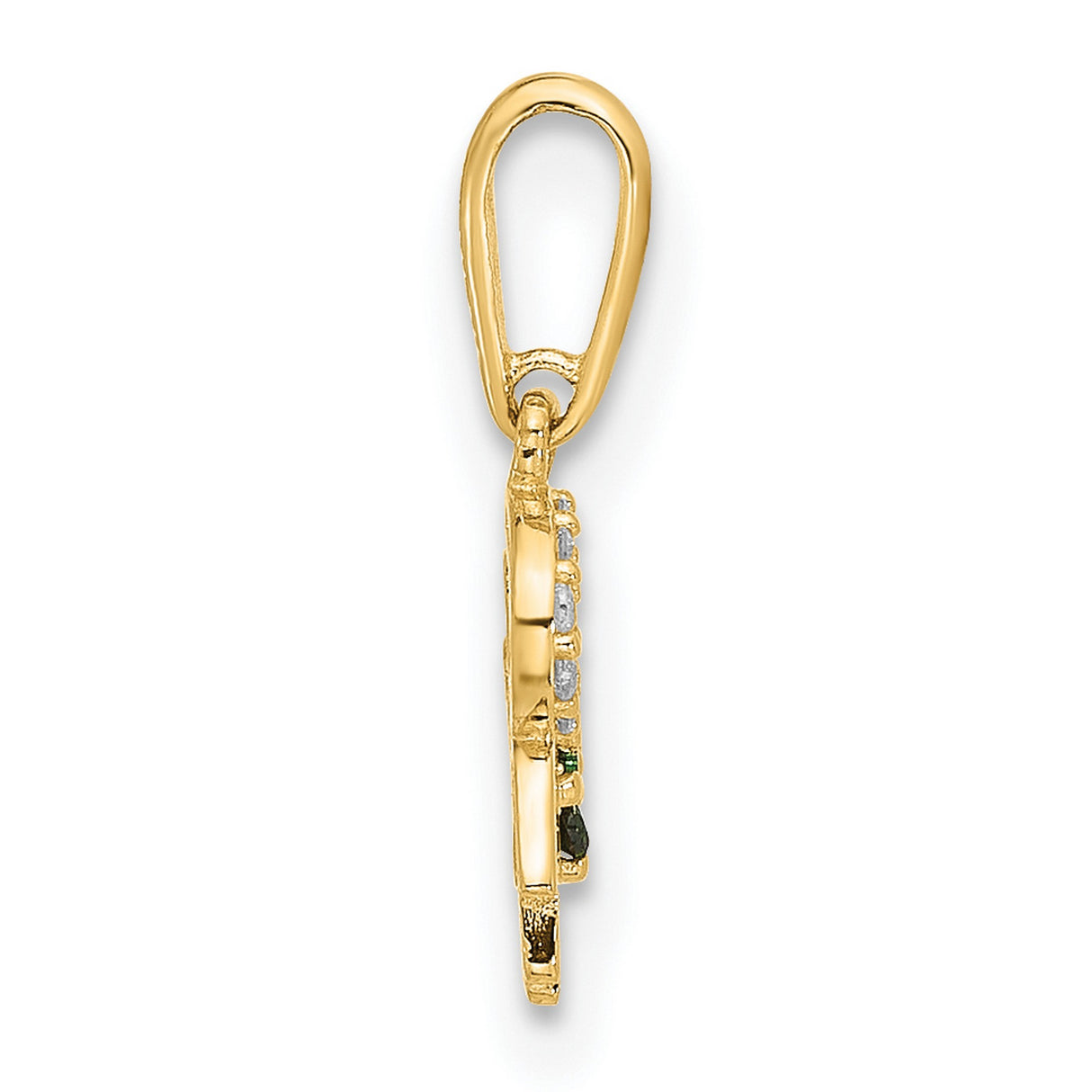10k Yellow Gold Pendant with Hamsa Hand, Four-Leaf Clover, Horseshoe and Green Stones