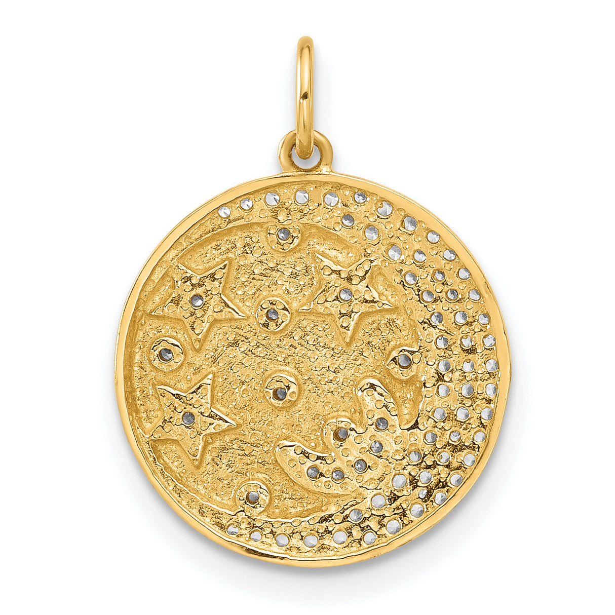 10k Yellow Gold Moon and Star Pendant with Pavé Cubic Zirconia, Celestial Disc Design