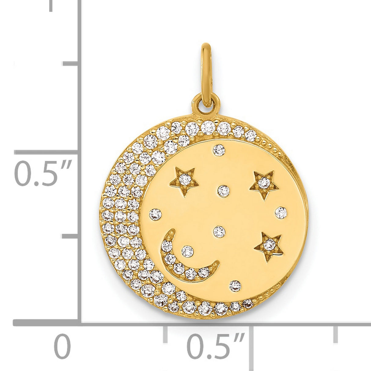 10k Yellow Gold Moon and Star Pendant with Pavé Cubic Zirconia, Celestial Disc Design