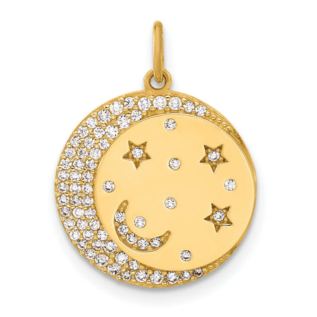 10k Yellow Gold Moon and Star Pendant with Pavé Cubic Zirconia, Celestial Disc Design