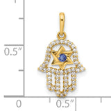 10k Yellow Gold Hamsa Hand Pendant with Star of David, Blue Gemstone, Cubic Zirconia