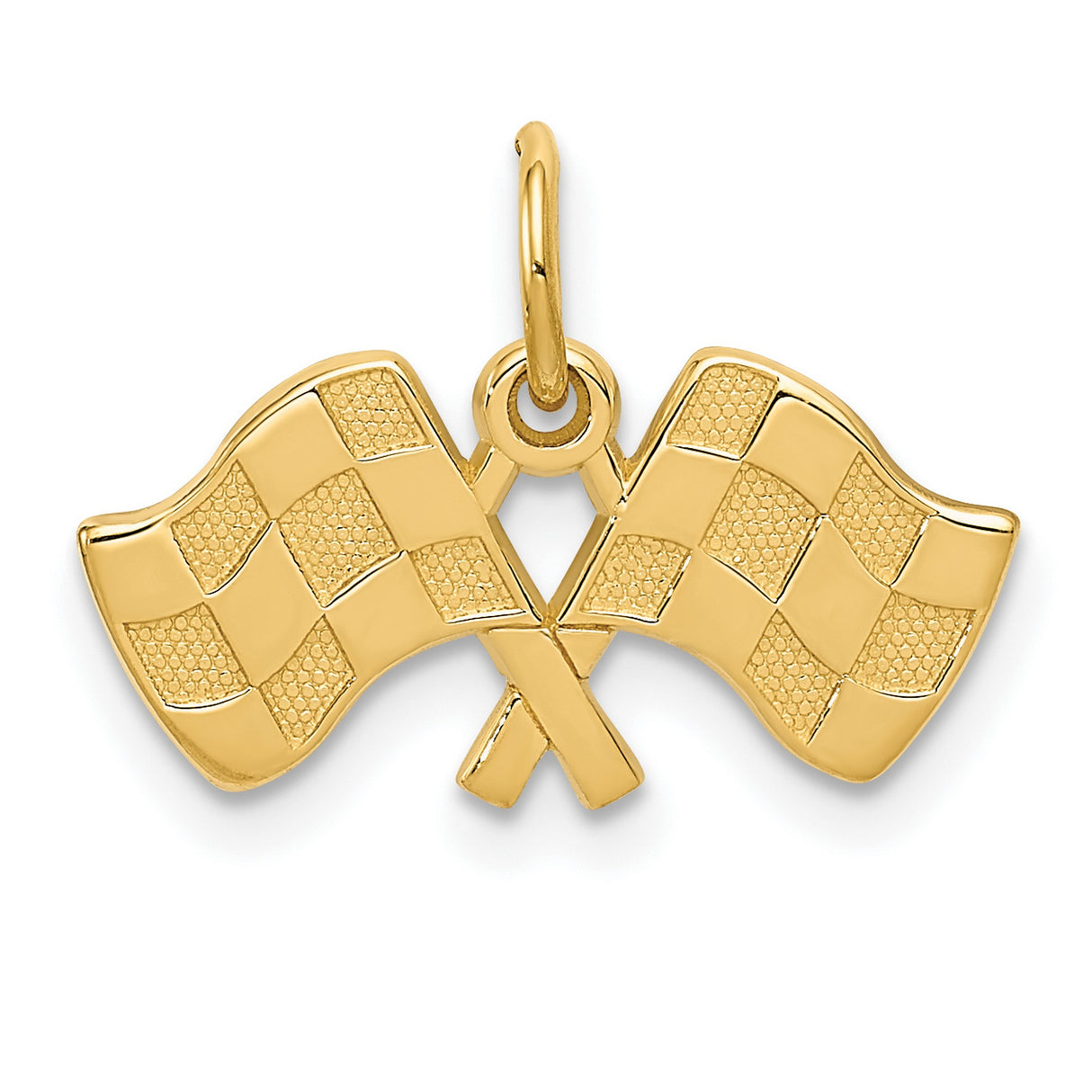 10k Yellow Gold Pendant, Crossed Racing Flags Design, Motorsport Jewelry for Car Enthusiasts
