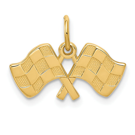 10k Yellow Gold Pendant, Crossed Racing Flags Design, Motorsport Jewelry for Car Enthusiasts