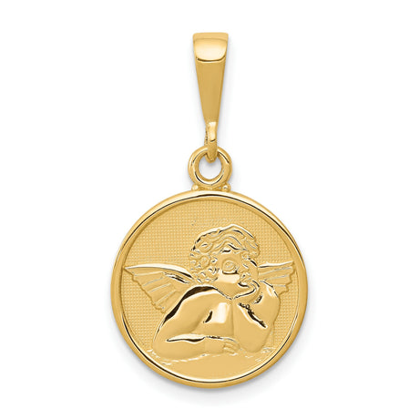 10k Yellow Gold Cherub Pendant, Detailed Angel Medallion with Satin Finish, Religious Theme