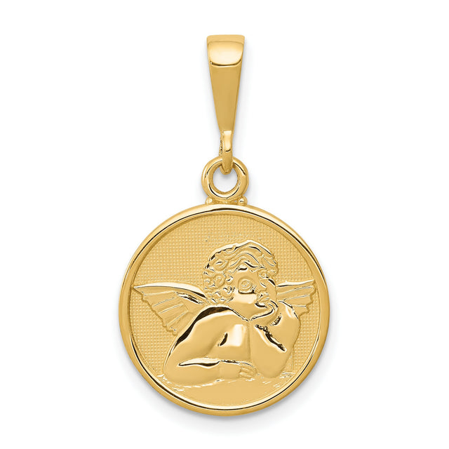 10k Yellow Gold Cherub Pendant, Detailed Angel Medallion with Satin Finish, Religious Theme