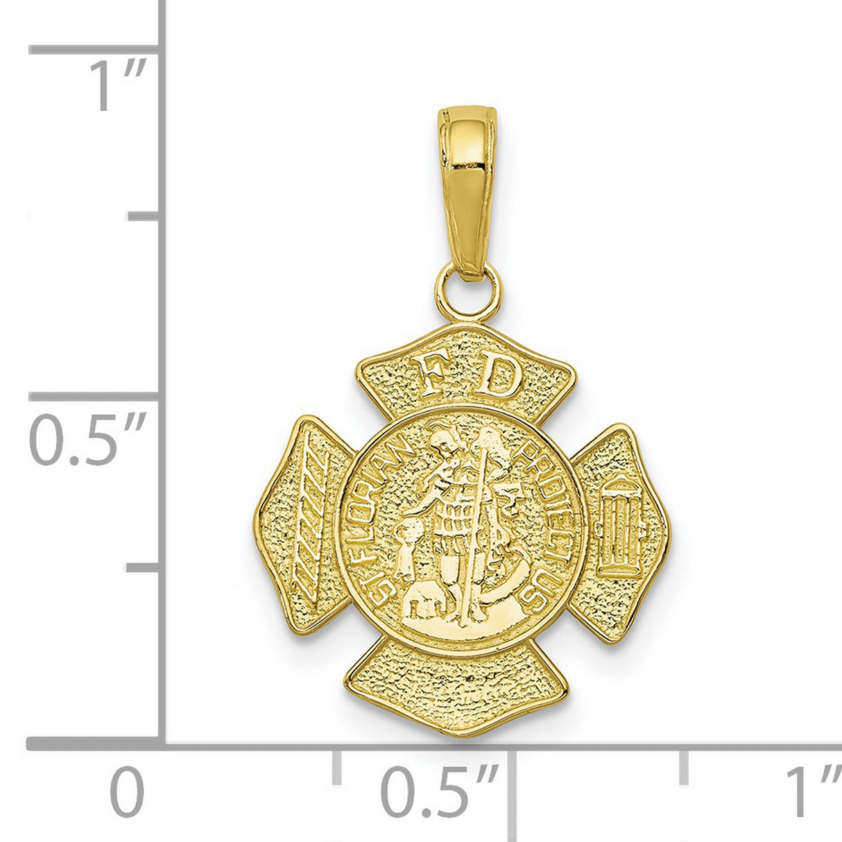 Protect Us Saint Florian Words On Firefighter Badge Charm Pendant in Real 10k Yellow Gold