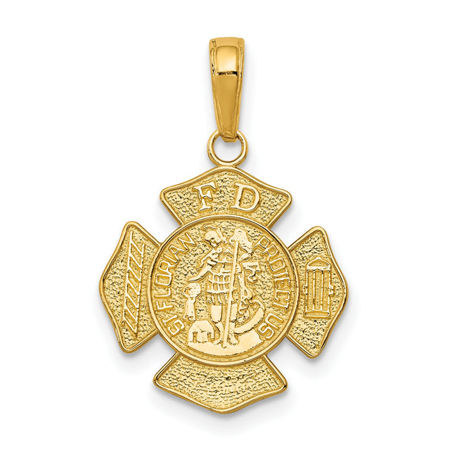 Protect Us Saint Florian Words On Firefighter Badge Charm Pendant in Real 10k Yellow Gold