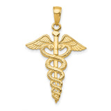 10k Yellow Gold Caduceus Pendant with Double Snakes and Wings, Medical Staff Symbol Charm