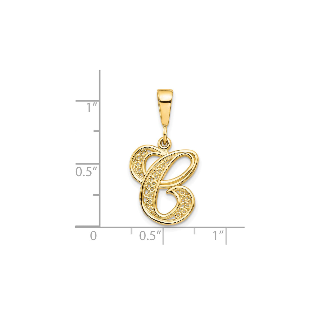 10k Yellow Gold Script Initial C Pendant with Filigree Detailing, Dainty Monogram Charm for Women