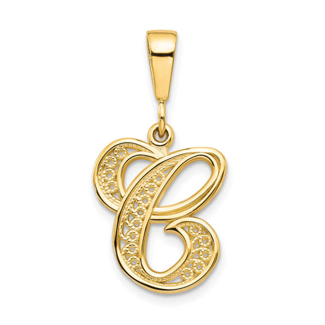 10k Yellow Gold Script Initial C Pendant with Filigree Detailing, Dainty Monogram Charm for Women