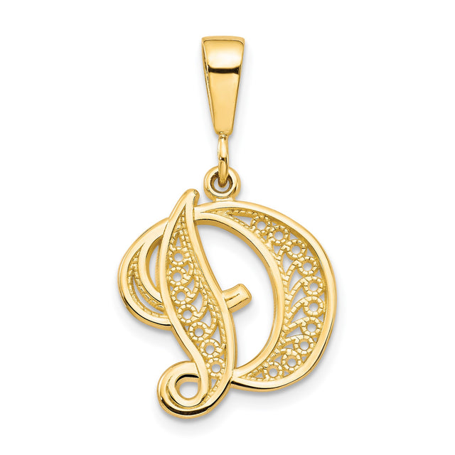 10k Yellow Gold Initial D Pendant, Script Letter Charm with Ornate Filigree Design