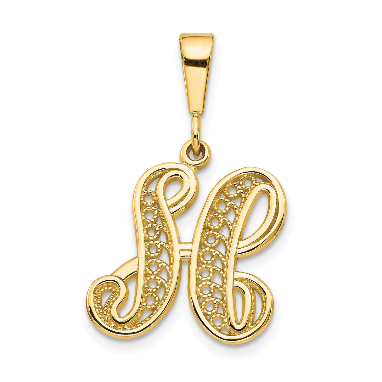 10k Yellow Gold Pendant, Letter H Monogram with Filigree Design, Dainty Charm for Women