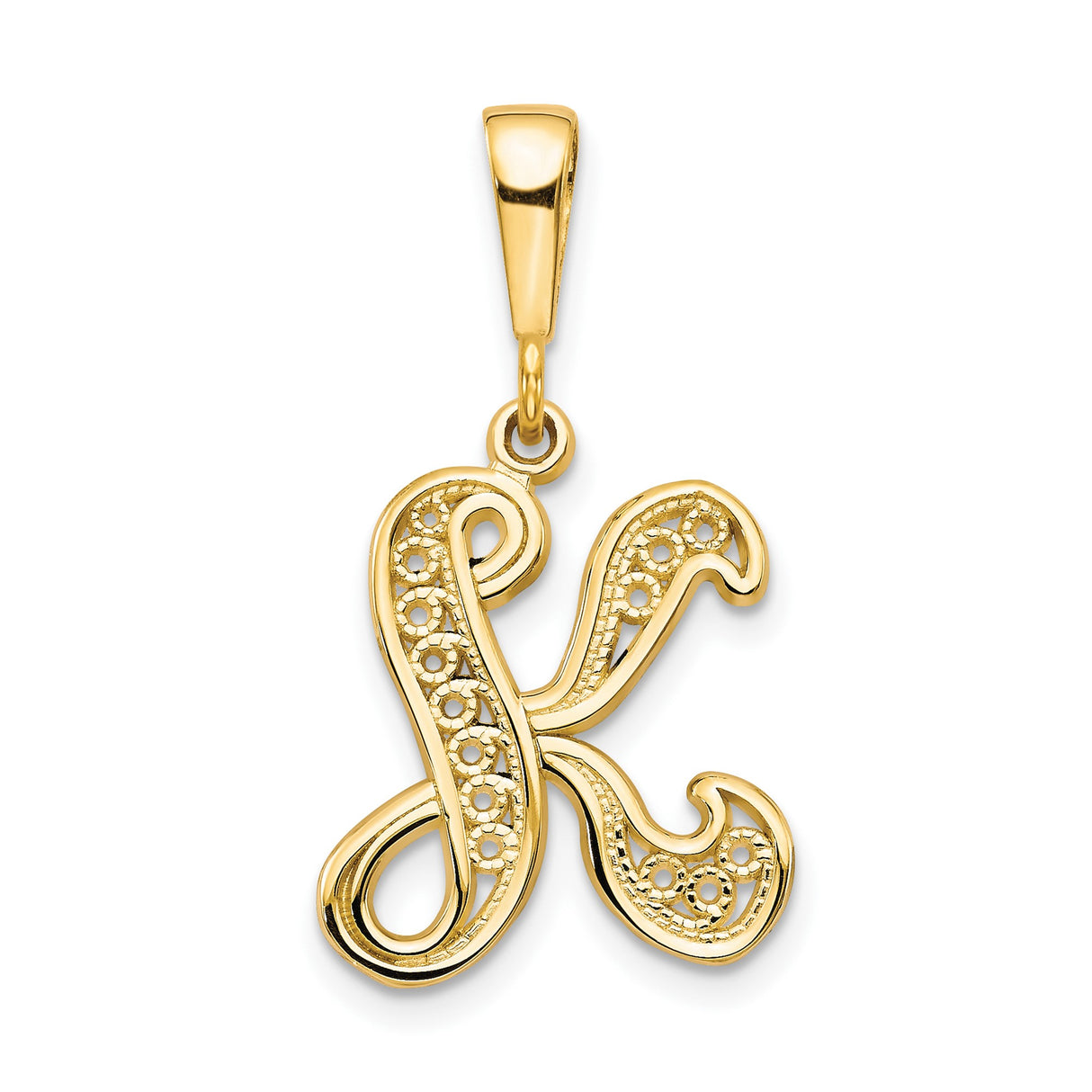 10k Yellow Gold Letter K Pendant, Script Initial Charm with Filigree Detailing, Polished Finish