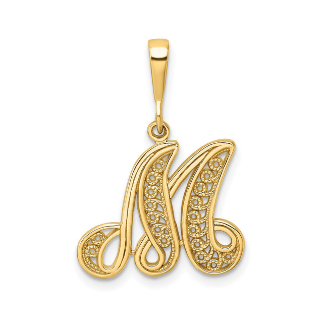 10k Yellow Gold Script Initial M Pendant, Filigree Letter Charm for Women