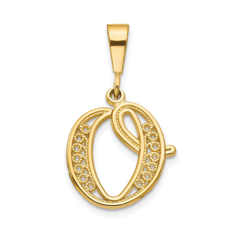 10k Yellow Gold Initial O Pendant, Filigree Lace Monogram Charm for Women