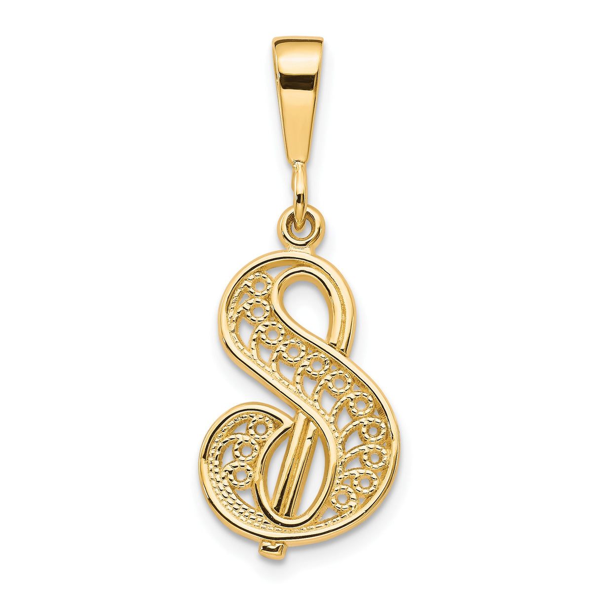 10k Yellow Gold Letter S Pendant, Filigree Scroll Monogram Charm for Women