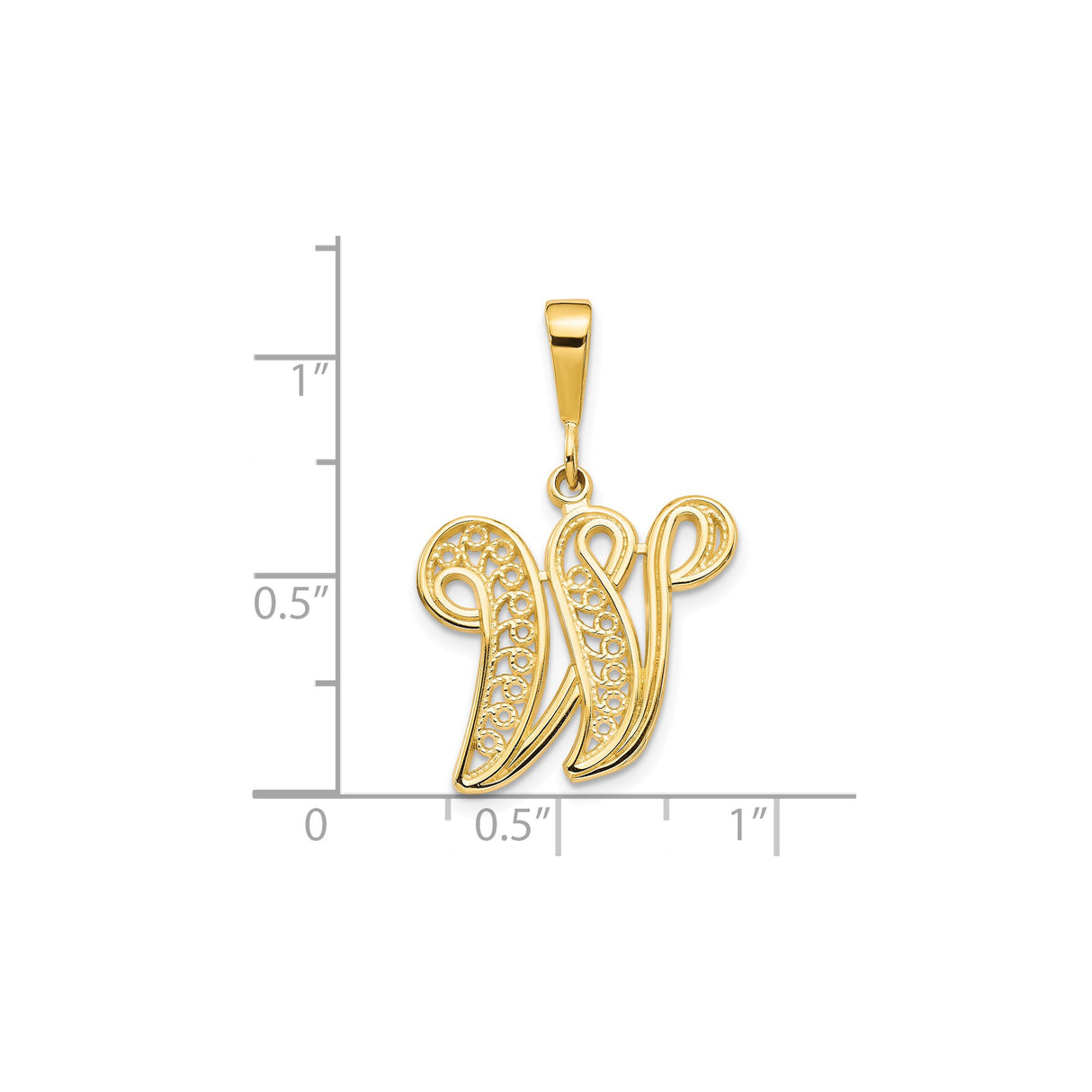 10k Yellow Gold Initial W Pendant with Filigree Design, Cursive Script Letter Charm