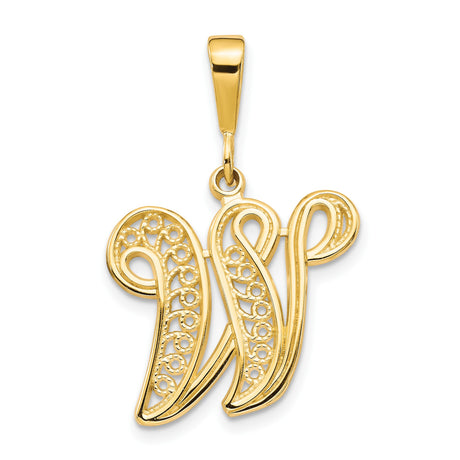 10k Yellow Gold Initial W Pendant with Filigree Design, Cursive Script Letter Charm