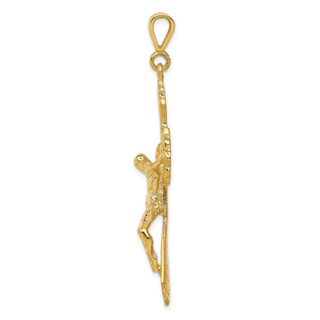10k Yellow Gold Crucifix Pendant with Detailed Jesus Cross, Filigree Accents, Flared Edge