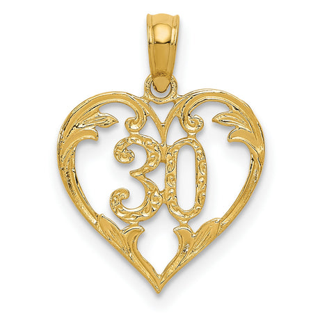 10k Yellow Gold Heart Pendant with Filigree Design and Number 30 Script