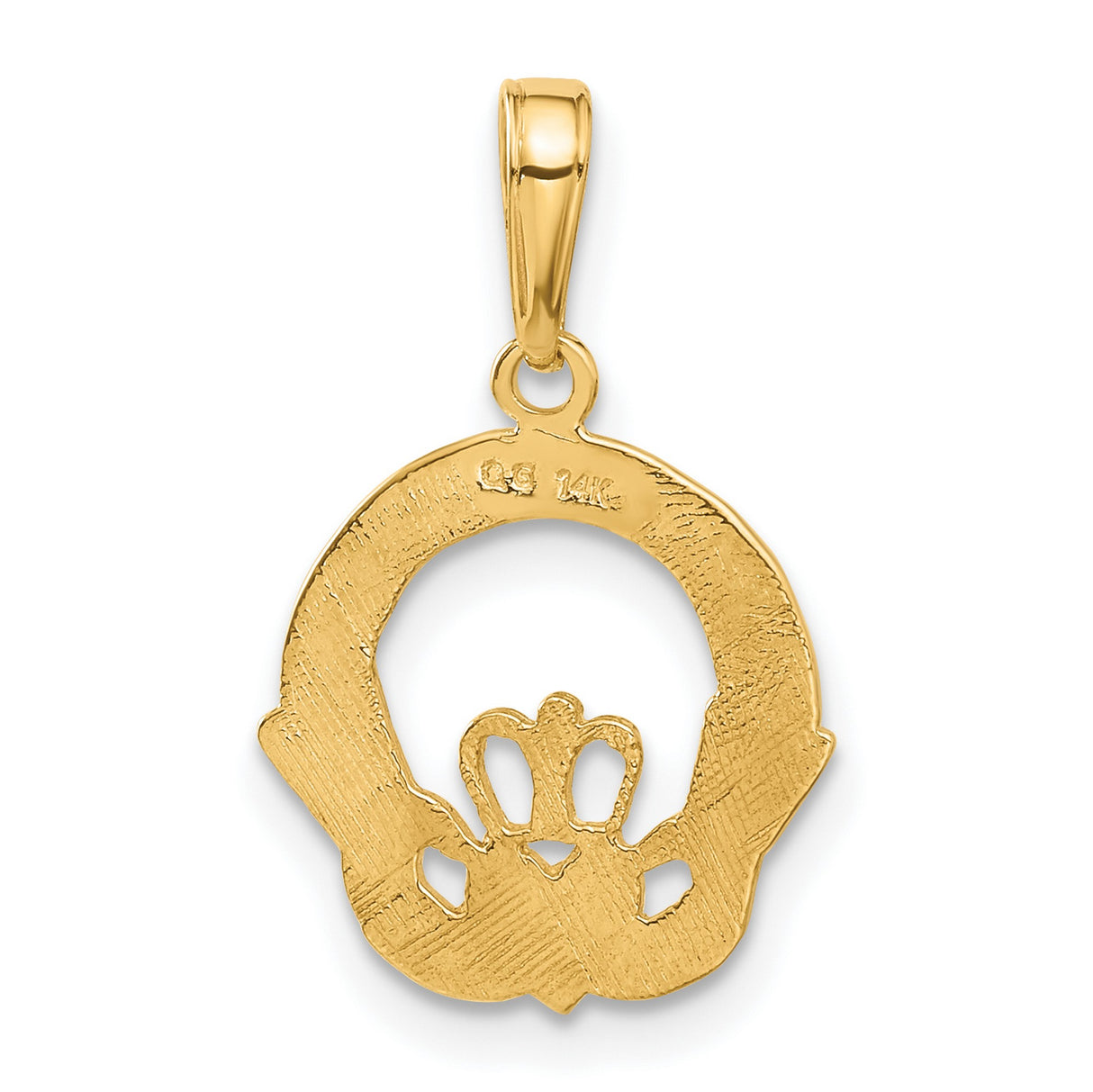 10k Yellow Gold Claddagh Pendant with Crowned Heart and Hands in Textured Circle Frame