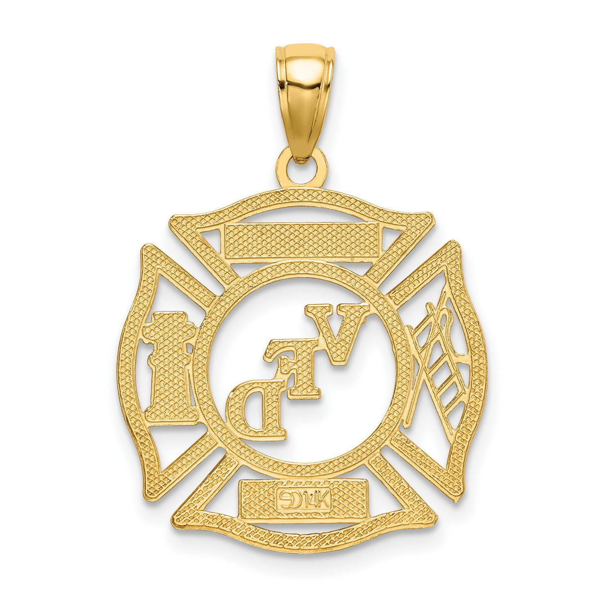 10k Yellow Gold Maltese Cross Pendant with VFD LADIES AUX Engraving, Ladder and Hydrant Symbols
